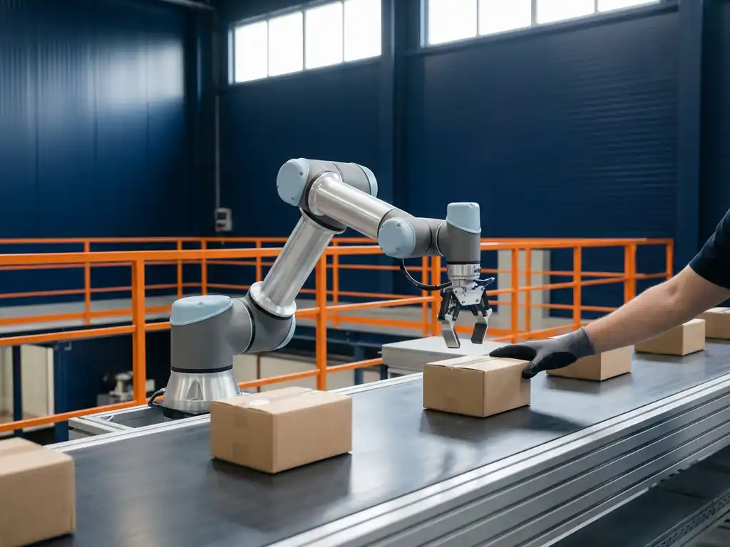 Robotarm en menselijke hand sorteren samen kartonnen pakketjes op transportband in modern magazijn met marineblauwe muren en oranje veiligheidshekken.