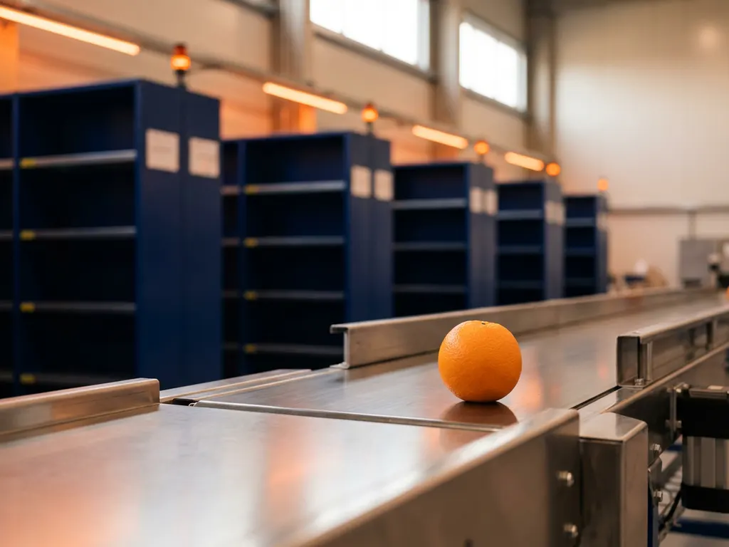 Rijpe sinaasappel op transportband in modern magazijn met marineblauw industrieel rek en oranje accentverlichting.