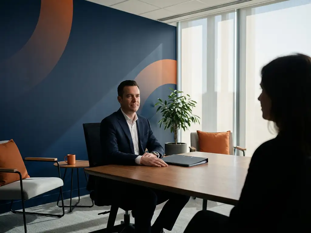 Zelfverzekerde professional in zakelijke kleding aan vergadertafel tegenover hiring manager in modern kantoor met marineblauw en oranje accenten.