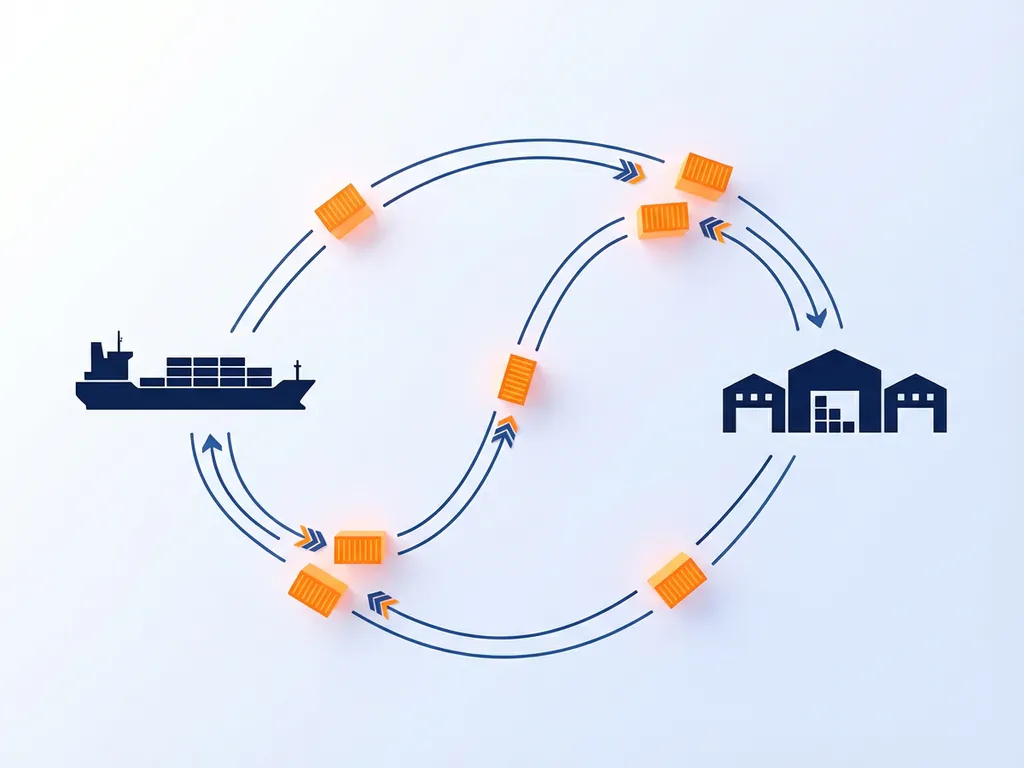 Gestileerde vrachtschip en magazijn verbonden door vloeiende lijnen, marineblauw met oranje accenten die supply chain beweging visualiseren.