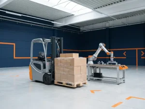 Vorkheftruck met gestapelde dozen naast robotarm in modern magazijn met marineblauw-oranje veiligheidsmarkeringen en daglicht
