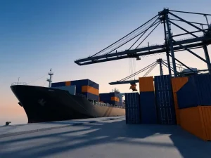 Vrachtschip met gestapelde containers in marineblauw en oranje bij moderne haven, industriële kranen tegen ochtendhemel