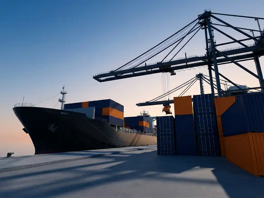 Vrachtschip met gestapelde containers in marineblauw en oranje bij moderne haven, industriële kranen tegen ochtendhemel