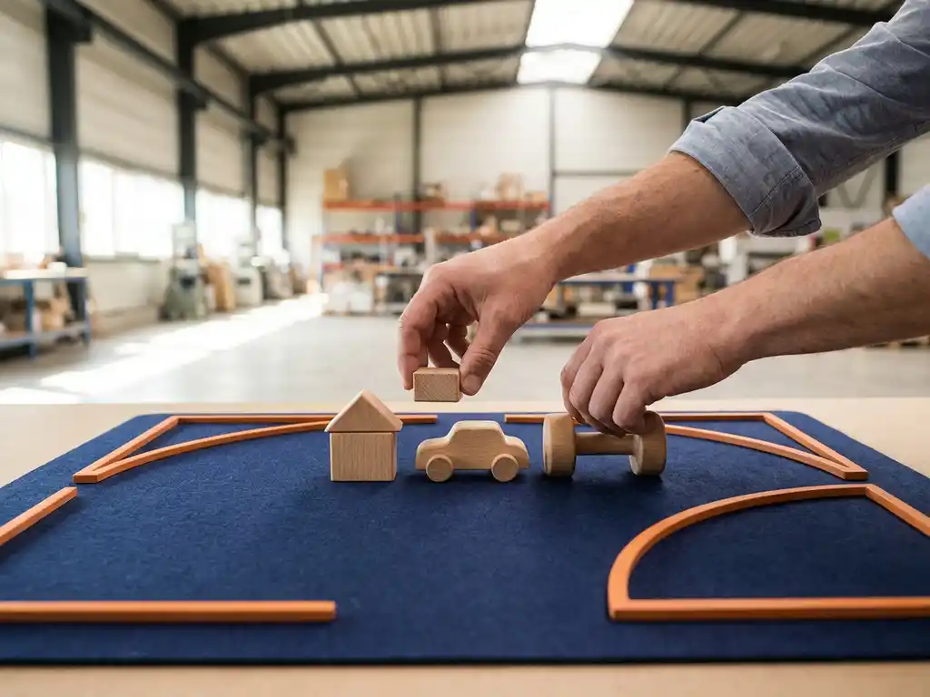 Handen schikken miniatuur houten blokjes van een huis, auto en gewicht op donkerblauw oppervlak met oranje geometrische accenten.