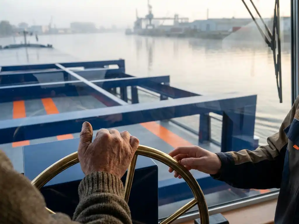 Verweerde kapiteinshanden geven een koperen stuurwiel door aan jonger bemanningslid op binnenvaartschip met marineblauw romp en oranje dekmarkeringen.