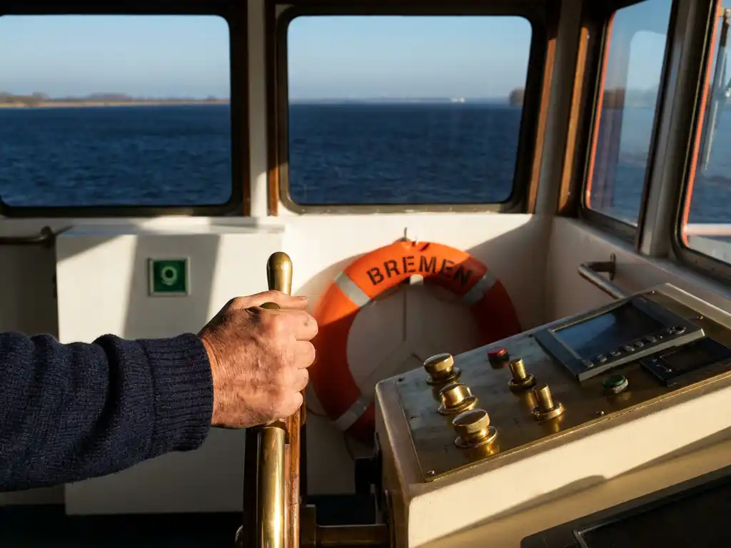 Verweerde hand van een kapitein op een koperen stuurwiel, binnenvaartschip met uitzicht op donkerblauwe rivier en oranje reddingsboei