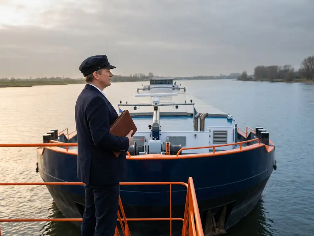 Professionele binnenvaartkapitein met leren portfolio aan boord van modern vrachtschip, ochtendlicht reflecteert op kalm rivierwater.