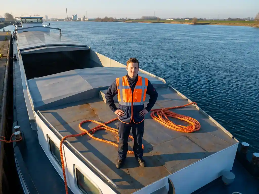 Jonge student in veiligheidsvest staat zelfverzekerd op dek van binnenvaartschip, ochtendzon werpt gouden schaduwen over stalen romp en oranje meertouwen.