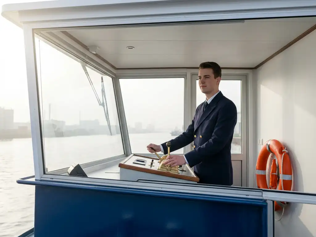 Jonge schipper aan het roer in stuurhut van binnenvaartschip, handen op koperen bediening, mistige Nederlandse waterweg vooruit.
