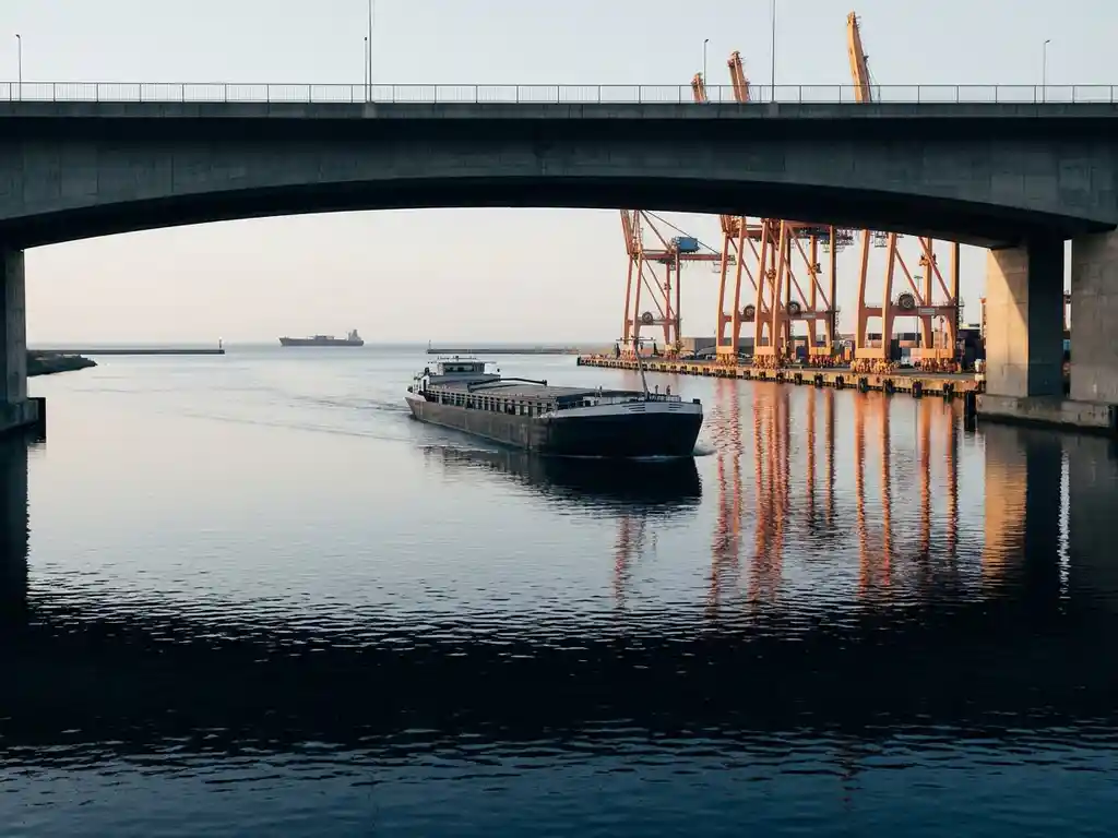 Rivierschip vaart onder betonnen brug op kalm kanaal, oranje industriële kranen weerspiegeld in diepblauw water, vrachtschip aan horizon.