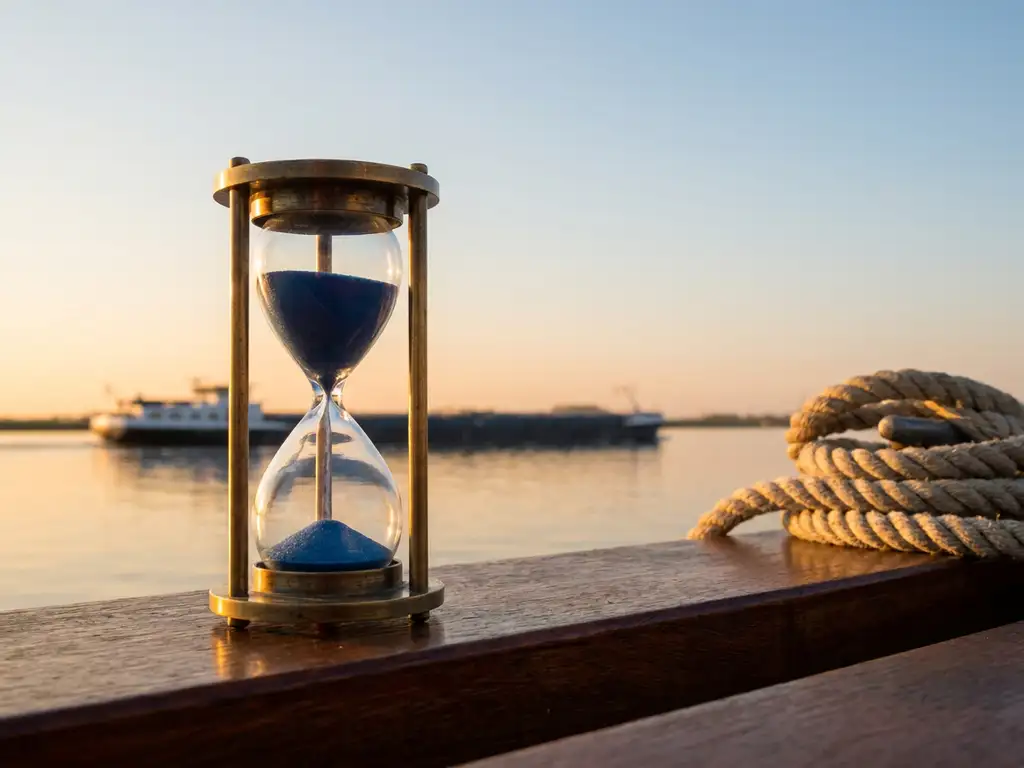 Verweerde zandloper met diepblauw zand op houten steiger, aanmeertouwen, vrachtschip aan horizon in warm namiddaglicht