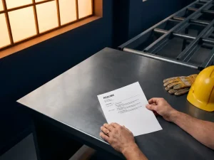 Handen leggen een wit cv op een metalen bureau naast een veiligheidshelm en werkhandschoenen in een industriële werkruimte