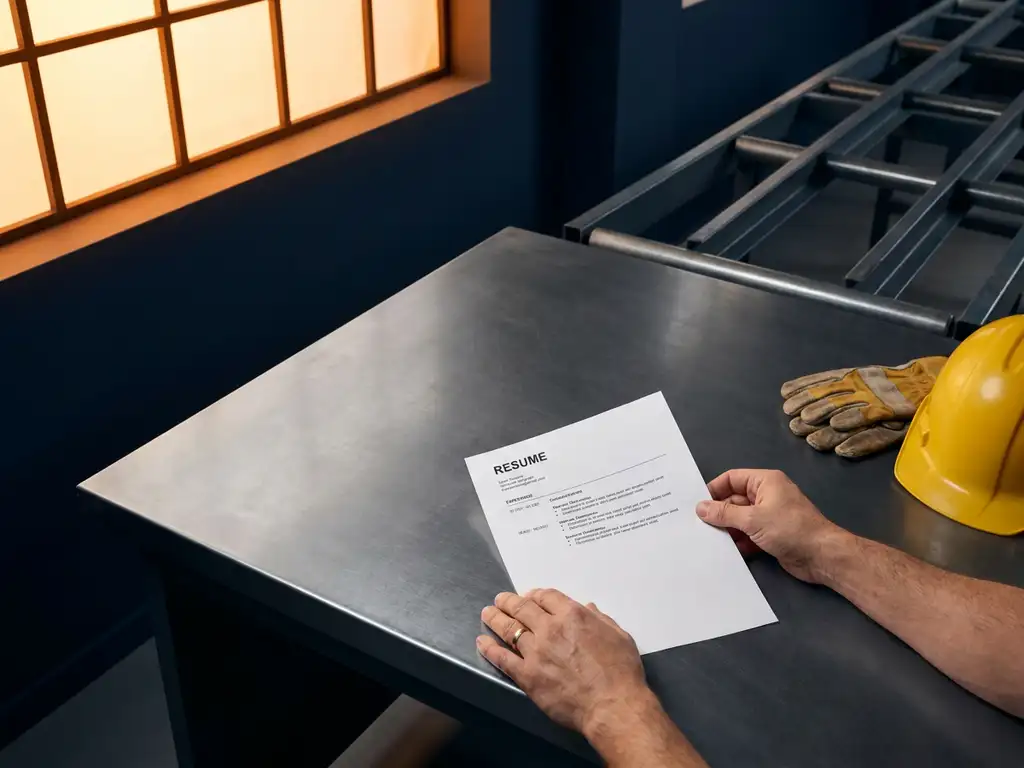 Handen leggen een wit cv op een metalen bureau naast een veiligheidshelm en werkhandschoenen in een industriële werkruimte