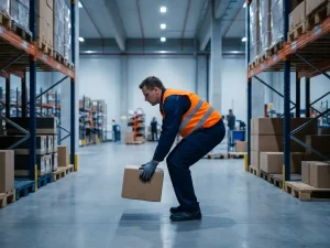 Magazijnmedewerker tilt kartonnen doos met ergonomische houding in modern distributiecentrum met stalen stellingen