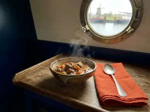 Dampende stoofpot in keramische kom op houten tafel in rivierschip, oranje servet, uitzicht op Nederlandse waterweg door patrijspoort.