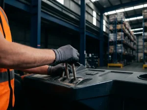 Handen van machineoperator bedienen heftruckbesturing in industrieel magazijn met oranje veiligheidsvest zichtbaar.