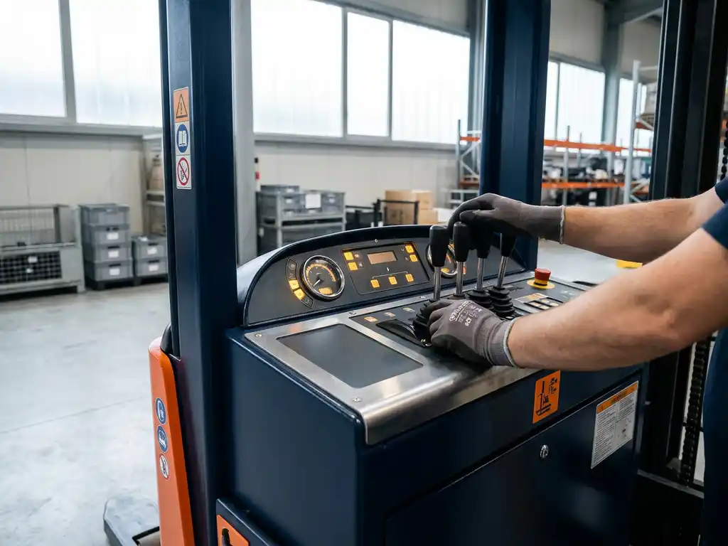 Handen bedienen bedieningspaneel van industriële heftruck met marineblauw frame en oranje veiligheidsaccenten in verlicht magazijn.