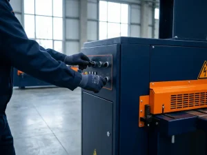 Handen bedienen controlepaneel van marineblauw industrieel apparaat met oranje veiligheidsaccenten in lichte fabriekshal.