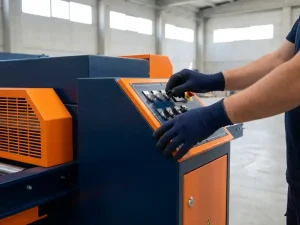 Handen in marineblauwe werkhandschoenen bedienen precisiecontroles op industrieel machinepaneel met oranje veiligheidsaccenten in verlichte werkplaats.