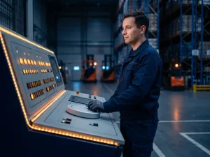 Machineoperator in marineblauw werkkleding bij industrieel bedieningspaneel met oranje indicatielampjes in magazijn