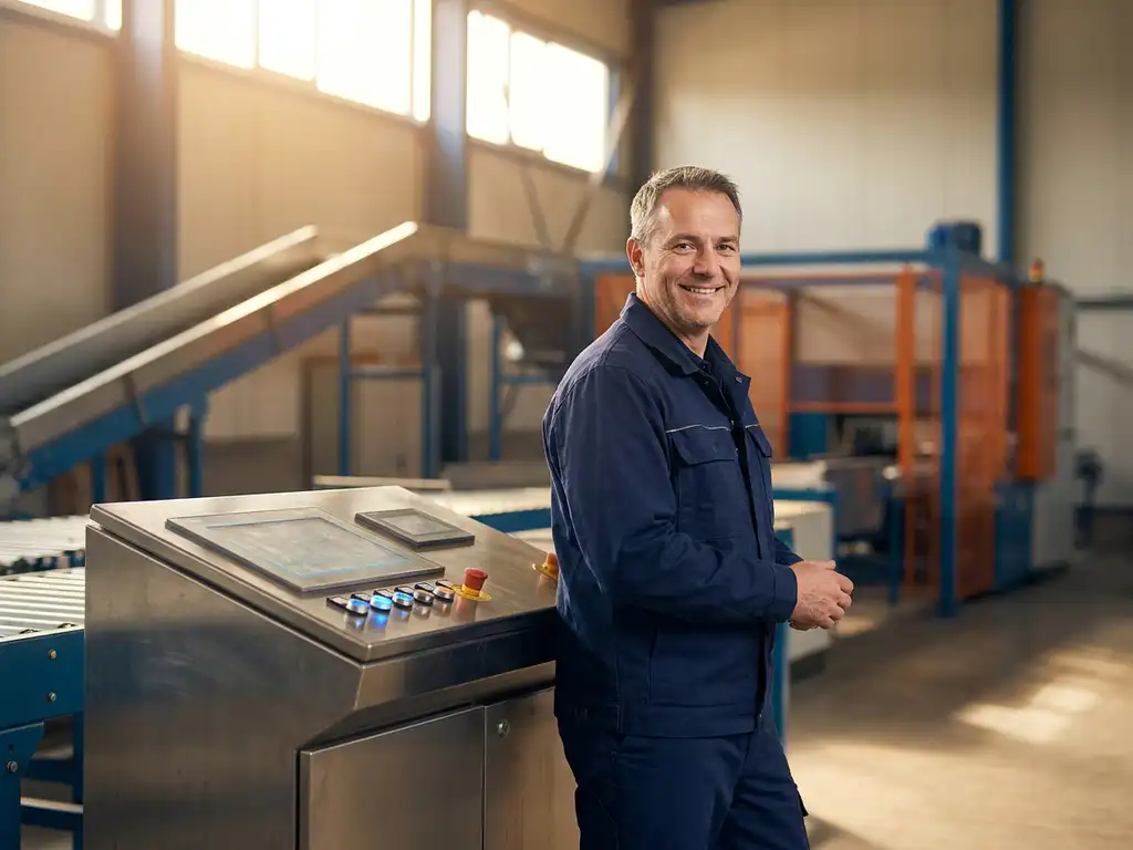 Technicus in marineblauwe werkkleding naast industrieel bedieningspaneel in lichte magazijnhal met oranje accenten