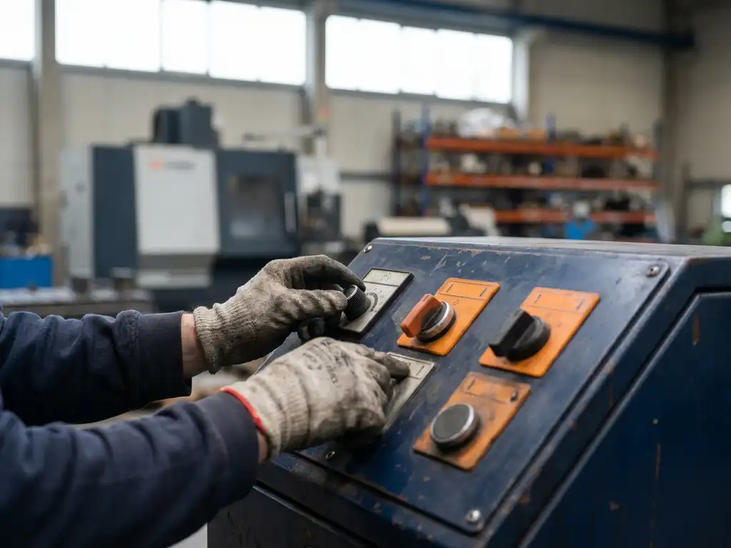 Handen bedienen bedieningspaneel van industriële machine met donkerblauwe behuizing en oranje accenten in magazijnomgeving