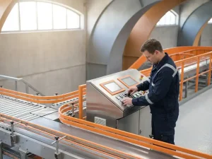 Machineoperator in donkerblauw uniform bedient bedieningspaneel van industriële transportband met oranje veiligheidsaccenten in modern magazijn