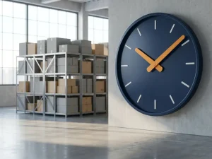 Industriële wandklok met donkerblauw wijzerblad en oranje wijzers in modern magazijn met geometrische stellingen en pakketjes