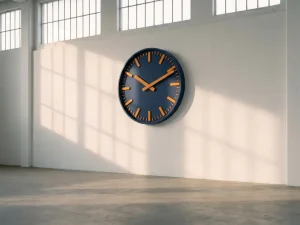 Industriële wandklok met donkerblauw wijzerplaat en oranje uurmarkeringen tegen witte magazijnmuur, zacht ochtendlicht door hoge ramen.