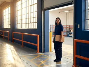 Jonge professional in marineblauw poloshirt staat zelfverzekerd bij ingang van modern magazijn met klembord, warm ochtendlicht door industriële ramen