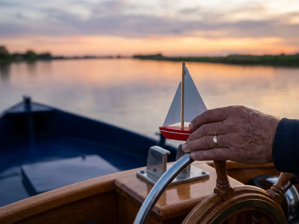Verweerde kapiteinshanden houden een speelgoedbootje vast op het houten roer van een rivierboot, kalm water en oranje zonsondergang op de achtergrond.