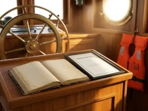 Verweerd scheepslogboek naast trainingscertificaat op teakhouten console, koperen stuurwiel op achtergrond, ochtendlicht door patrijspoort.