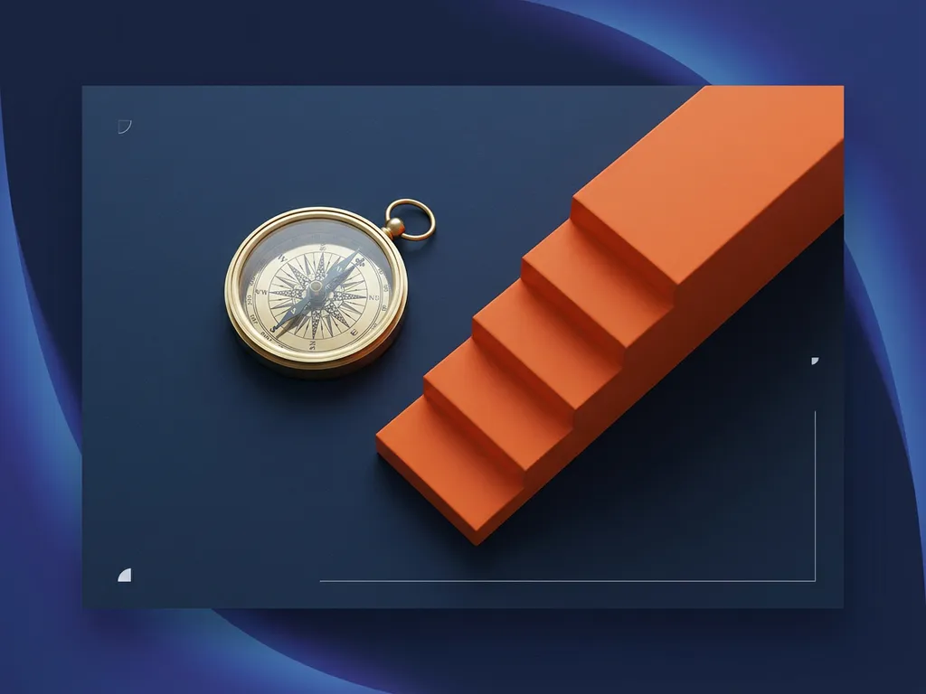 Messing kompas op marineblauw oppervlak naast oplopende oranje geometrische treden die carrièregroei symboliseren, minimalistisch ontwerp.