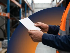 Verweerde handen van magazijnmedewerker houden loonstrook vast, oranje veiligheidsvest zichtbaar, industriële stellingen op achtergrond.