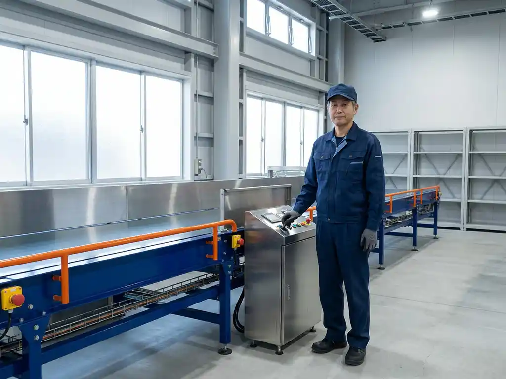 Machineoperator in marineblauw uniform bedient industrieel transportsysteem met oranje veiligheidsaccenten in moderne fabriekshal