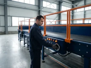 Machineoperator in marineblauwe overall bedient bedieningspaneel van industrieel transportsysteem met oranje veiligheidsrails in magazijn.
