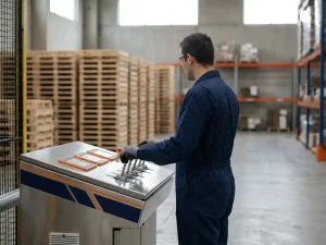 Machineoperator in donkerblauwe overall bedient hendels van industrieel transportsysteem in magazijnomgeving