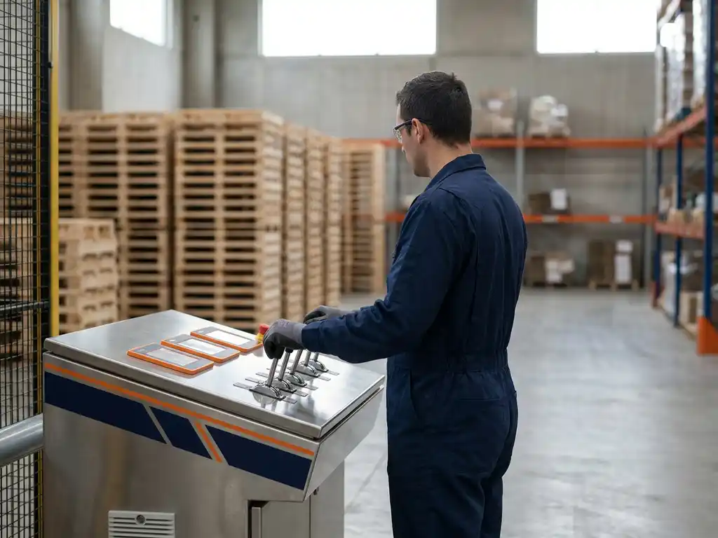 Machineoperator in donkerblauwe overall bedient hendels van industrieel transportsysteem in magazijnomgeving
