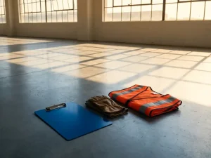 Donkerblauw klembord naast werkhandschoenen en opgevouwen oranje veiligheidsvest op betonnen magazijnvloer