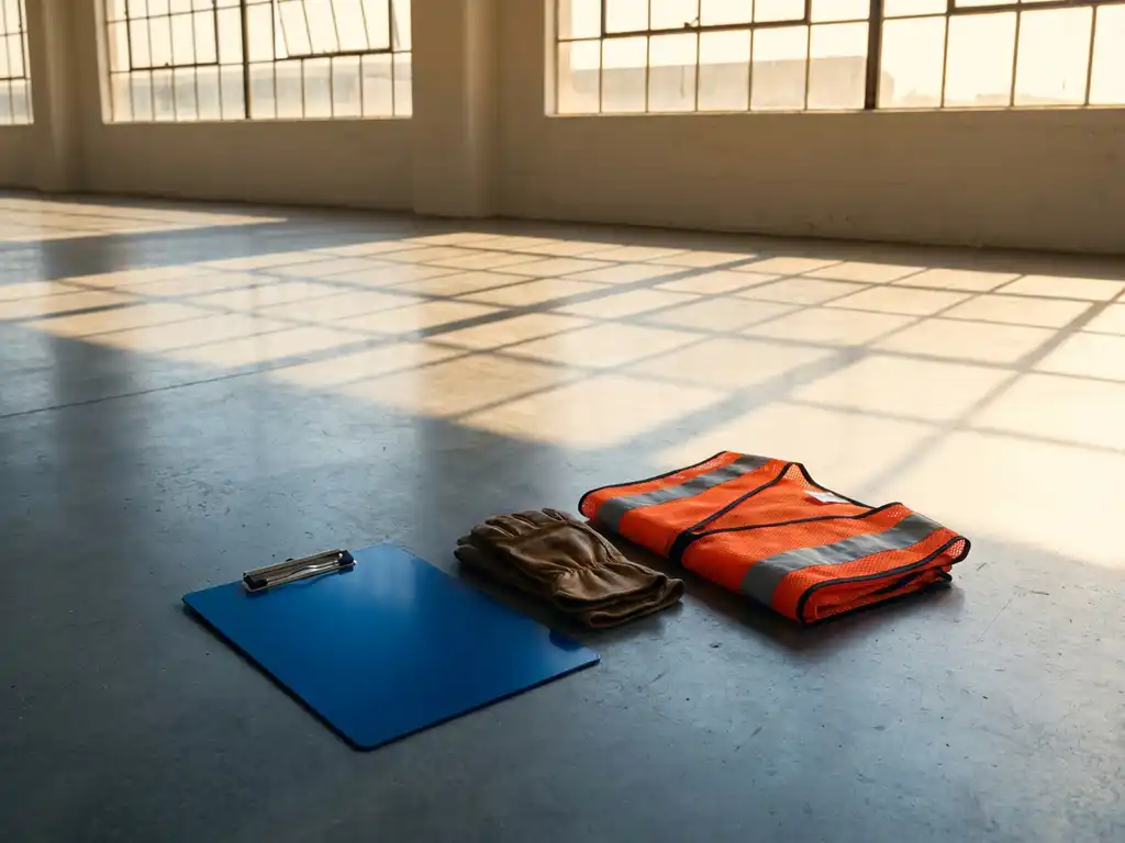 Donkerblauw klembord naast werkhandschoenen en opgevouwen oranje veiligheidsvest op betonnen magazijnvloer