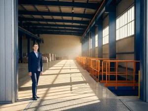 Jonge professional in marineblauw uniform bij ingang van industrieel magazijn met oranje veiligheidshekken en ochtendzonlicht