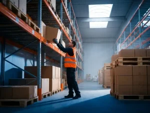 Magazijnmedewerker in fluorescerend hesje pakt doos van stalen stellingkast, natuurlijk licht door dakramen, pallets op achtergrond.