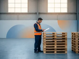 Magazijnmedewerker in donkerblauw uniform met oranje veiligheidsvest controleert documenten op klembord naast gestapelde pallets
