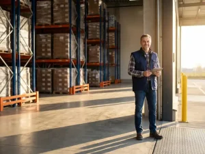 Magazijnmedewerker in marineblauw werkvest bij ingang van modern distributiecentrum met oranje stellingen in ochtendlicht