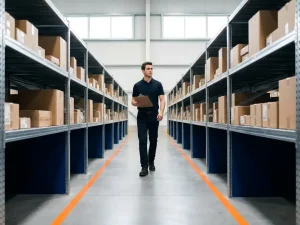 Jonge professional met klembord loopt door modern magazijn met hoge stellingen en oranje veiligheidsmarkeringen op de vloer
