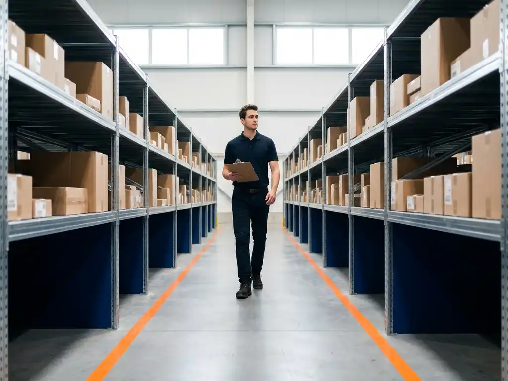 Jonge professional met klembord loopt door modern magazijn met hoge stellingen en oranje veiligheidsmarkeringen op de vloer