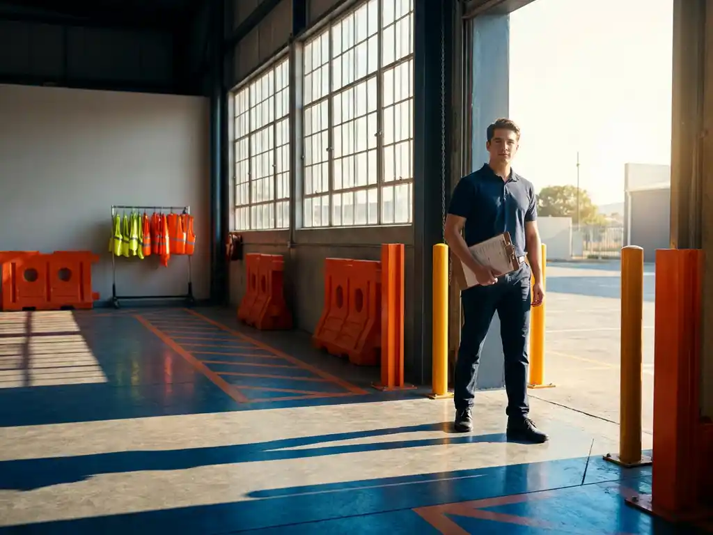 Jonge professional in marineblauwe polo staat zelfverzekerd met klembord bij ingang van modern magazijn met industriële ramen en oranje veiligheidslijnen.