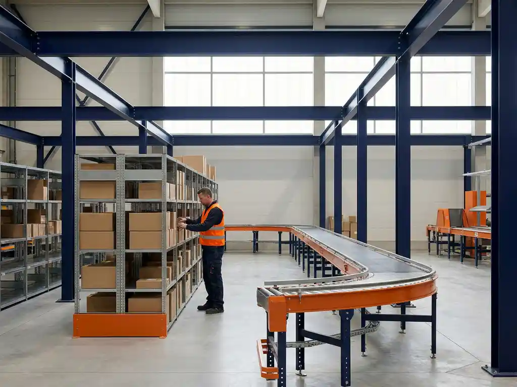 Magazijnmedewerker in oranje veiligheidsvest sorteert pakketten op industriële stellingen, natuurlijk licht door hoge ramen.