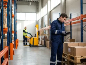 Magazijnmedewerker in blauw uniform controleert handscanner naast gestapelde pallets, collega bedient orderpicker op achtergrond