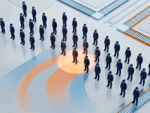 Miniatuur magazijnmedewerkers in marineblauw uniform op een rij, één figuur uitgelicht door oranje spotlight op wit oppervlak.